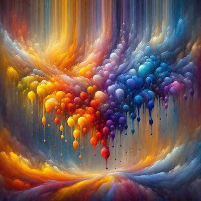 The primary subject of the image is a colorful painting featuring a variety of colors and shapes. The setting is a cloudy sky, which serves as the backdrop for the painting. The visual style of the image is a digital art or illustration, showcasing the artist's creativity and skill in blending different colors and shapes. The dominant colors in the painting are yellow, orange, and purple, creating a vibrant and lively atmosphere.